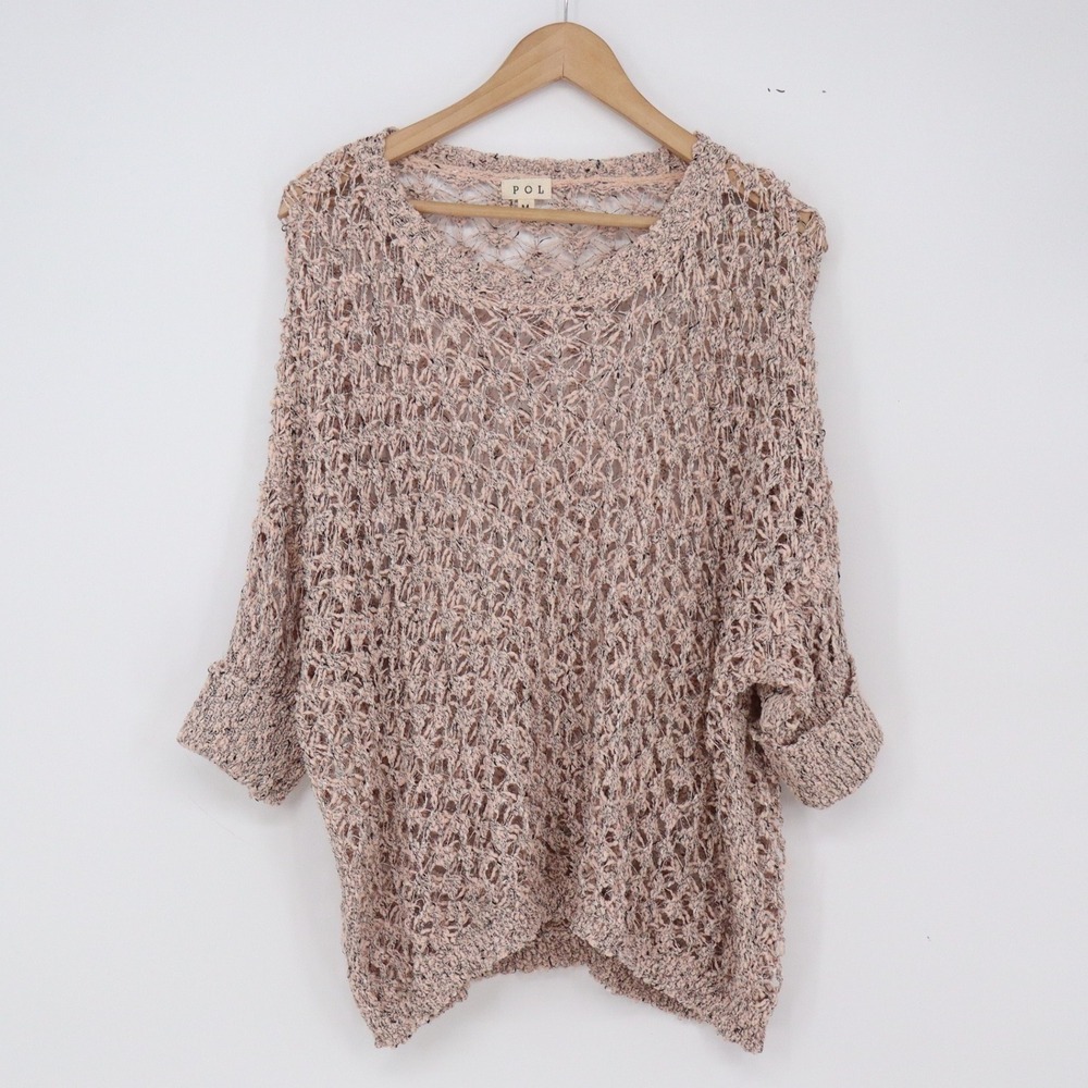 POL Sweater Women M Boho Open Knit Crochet Pink Marled Cuffed Sleeve Excellent